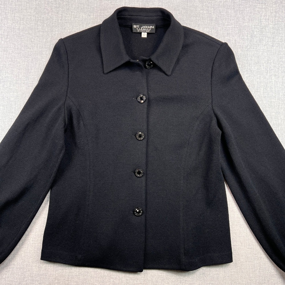 Vintage 90s St. John Evening Marie Gray Knit‎ Jacket Women 12 Black Minimal USA